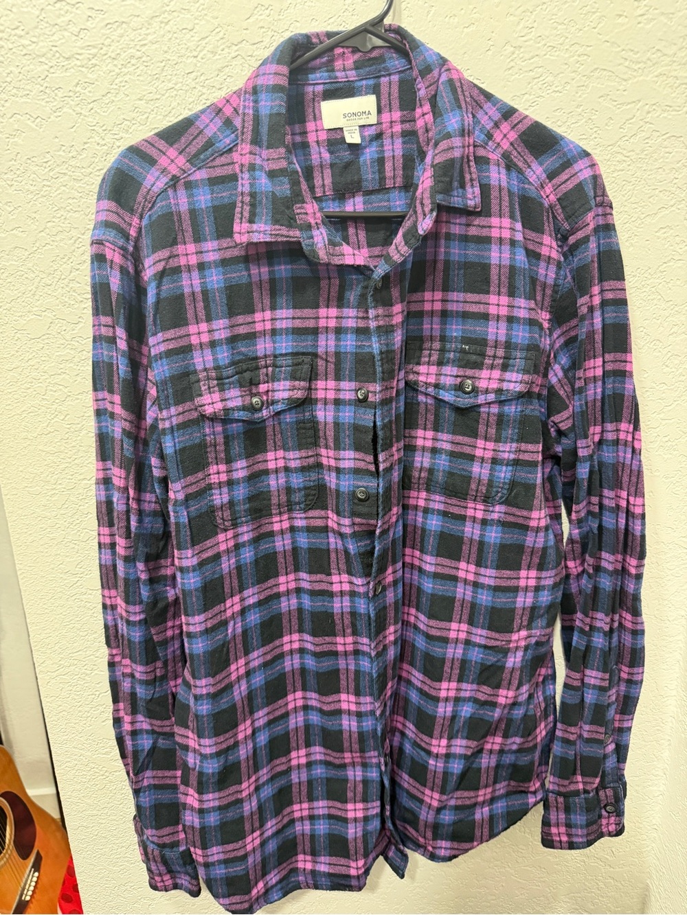 Sonoma Black Plaid Long Sleeve Button-Up Shirt with Pink and Blue Stripes